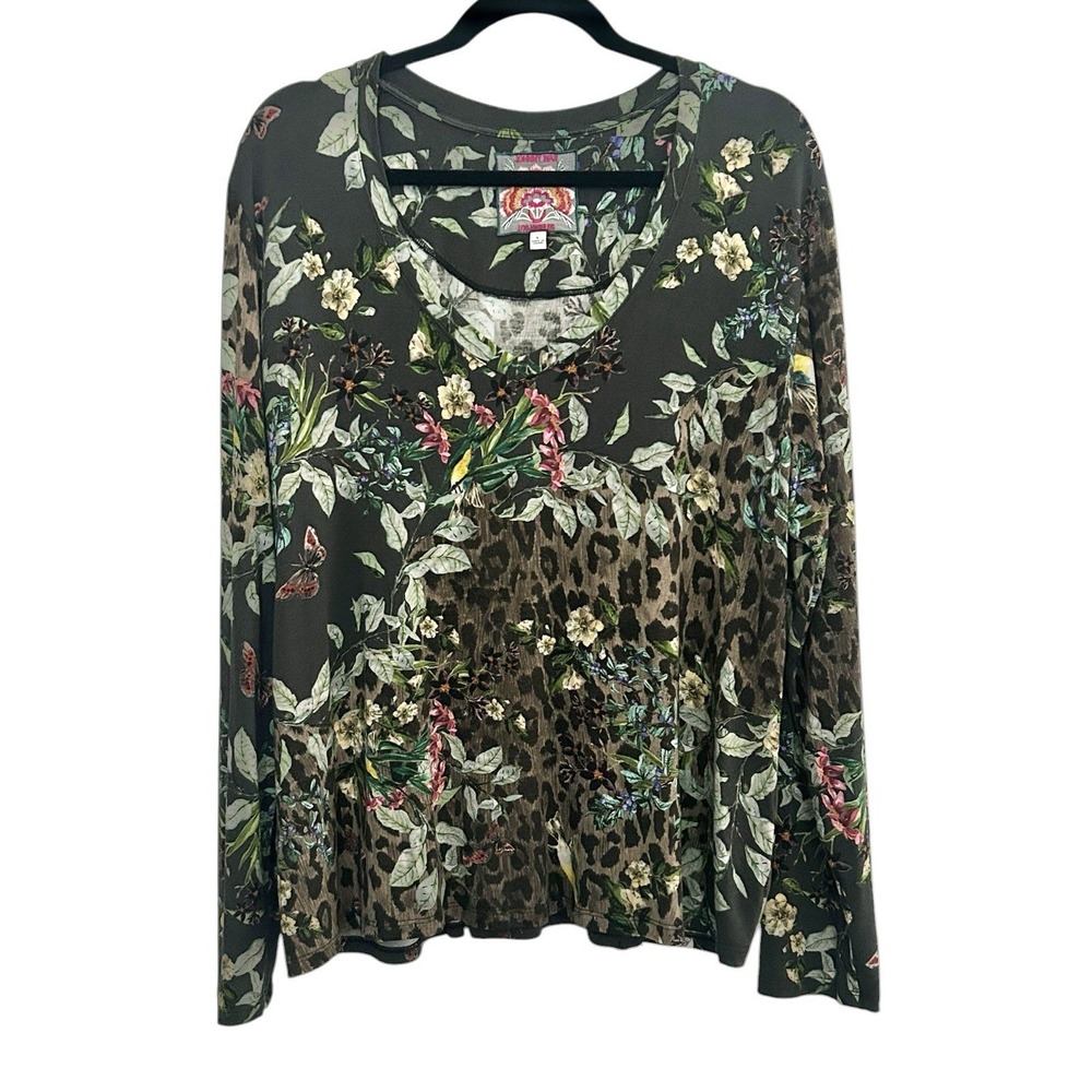 Johnny Was Ash Bird Favorite Leopard Floral‎ V-Neck Swing Tee Large Long Sleeve